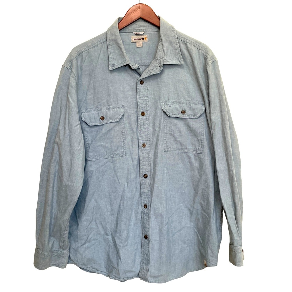 Carhartt Mens XL Relaxed Fit Long Sleeve Button Down Shirt Blue Cotton S202 CBL